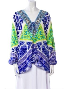 Vintage CAMILLA Swarovski embellished tie neck oversized flowy blouse 1 small